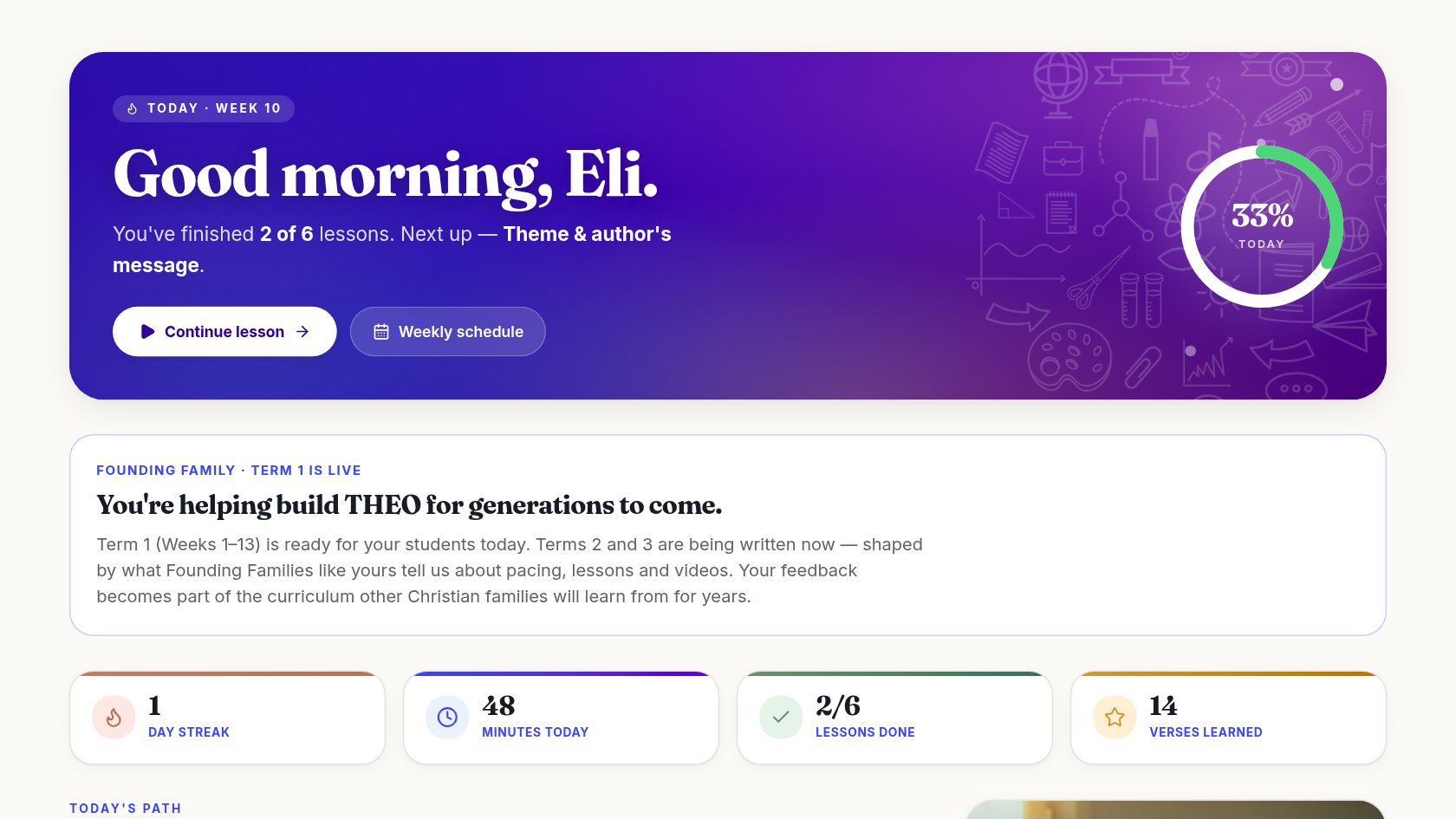 THEO student Today dashboard